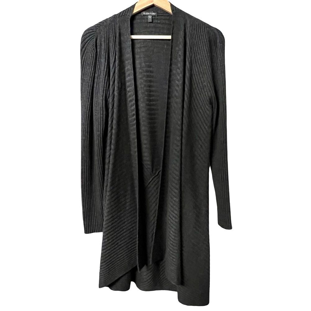 Eileen Fisher Womens Merino Wool Ribbed Cardigan Size L Minimalist Quiet Luxury